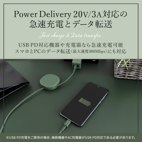 オウルテック 片引き 充電ケーブル 巻取り式 USB Type-C to Cケーブル 90cm PD60W 急速充電 データ通信 480Mbps 温度センサー搭載 katamaki 巻き取り Type-Cケーブル iPhone 15/15 Plus/15 Pro/15 ProMax/スマートフォン/タブレット対応【WEB限定パッケージ】ブラック OEC-CBKRPCC90-BK 中間 画像