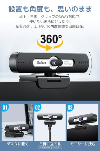 Webカメラ マイク付き 【2025初発売・HDR自動光補正機能】 ウェブカメラ フルHD 1080P 200万画素 90° 広角 HDR 60fps 左右360°/上下90°調整 三脚対応 軽量 小型 Windows11/10/8/7 Mac OS X 在宅勤務 ビデオ通話 オンライン 会議用 PCカメラ Youtube zoom などに対応 中間 画像