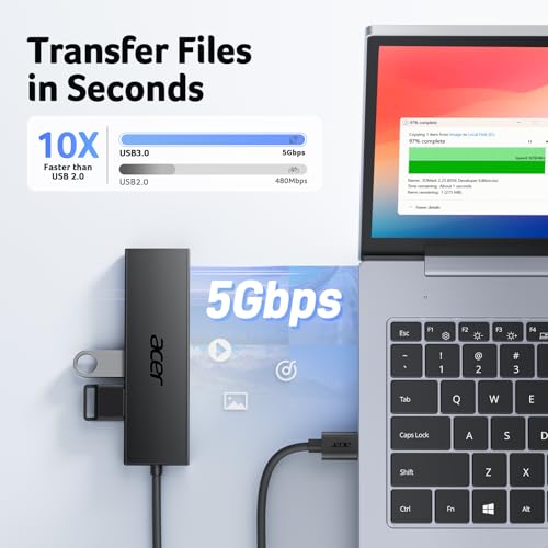 acer USB ハブ 120cm (4-in-1, 5Gbps) 延長ケーブル 4ポートハブ 増設 拡張 高速データ転送 バスパワー 軽量 コンパクト ノートPC/PS5/PS4/Xbox/Surfaceに対応 テレワーク 在宅勤務 ゲームに最適 中間 画像