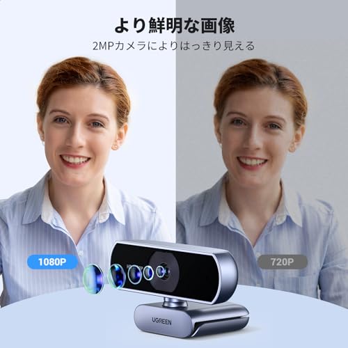 UGREEN ウェブカメラ USB Webカメラ フルHD 1080P 200万画素 マイク内蔵 自動光補正 85°超広視野角 PC カメラ クリップ/スタンド式 Windows 7/8/8.1/10/11 Mac OS Zoom/Teams/Skype/ライブ配信用 在宅勤務・授業・会議用 中間 画像