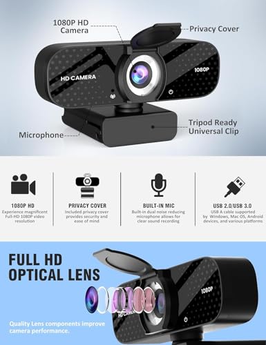 Webカメラ ウェブカメラ HD 1080P マイク付き プライバシーカバー 広角レンズ 自動光補正 クリップオン取り付け プラグアンドプレイ USB ウェブカメラ Zoom/Skype/YouTube/ウェブ会議/ビデオ通話/リモートワークをサポート ラップトップ/デスクトップ/PC/Macをサポート 日本語説明書付き (ブラック) 中間 画像