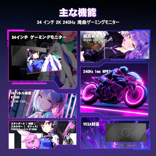 Amzfast 34インチ ゲーミングモニター 240Hz 曲面ウルトラワイド UWQHD 3440x1440 1ms MPRT 130%sRGB VAパネル 3000:1コントラスト HDR400 Adaptive Sync フリッカー防止 PIP PBP機能 ブルーライト低減 HDMI 2.1FRL*2 VRR対応 DP1.4 *2 75x75 VESA 5年保証 AMZG34C5Q Pro 最後 画像