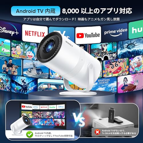WISHOLY プロジェクター 小型【2025年超小型・電動フォーカス・Android TV搭載・270°回転】ぷろじぇくたー 家庭用 25000LM 1080P WiFi 6 プロジェクター 天井 Wi-Fi 自動台形補正 Bluetooth5.4 内蔵HiFiスピーカー 50%ズーム機能 静音設計 スマホ/PC/Switch/DVD等接続可能 中間 画像