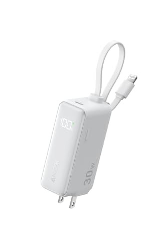 Anker Power Bank (30W, Fusion, Built-In ライトニングケーブル) (5000mAh 22.5W出力モバイルバッテリー搭載 30W出力USB充電器) / LEDディスプレイ/ライトニングケーブル一体型/コンセント一体型/折りたたみ式プラグ 1台3役 / MFi認証取得/iPhone 14 / 13 / AirPods 各種対応 (ホワイト) 画像1