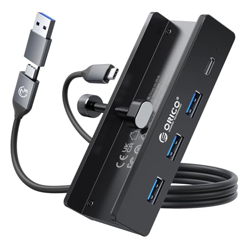 ORICO USB C ハブ クランプ 固定 usb hub 3.0 4ポート 5Gbps高速転送 USB-C 給電ポート付き(5V/3A) バスパワー/セルフパワー両対応 2-IN-1 1mケーブル付き アルミ クリップ式 USB拡張 USB増設 Windows/Linux/Mac OS対応 テレワー 在宅勤務 ブラック MH4PC 1枚目 画像