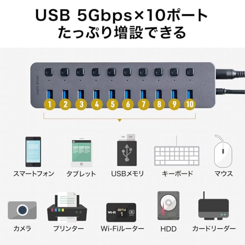 サンワダイレクト USBハブ 10ポート セルフパワー USB充電器 個別スイッチ付 USB3.2/5Gbps ACアダプタ付 400-HUBA23GM 最後 画像