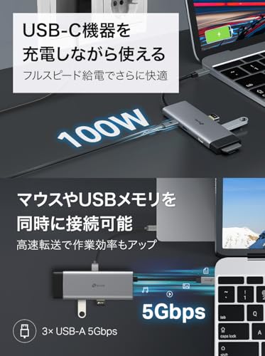 TP-Link USB-C ハブ 7ポート 4K HDMI / 100W PD充電/SD & microSD UHS-I対応 / USB3.0 Type-A ×3ポート / Mac・iPad・Windows対応/プラグ&プレイ UH7021C 中間 画像