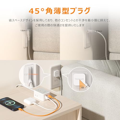 延長コード 2m 薄型 電源タップ usb コンセントタップ たこあしコンセント テーブルタップ TESSAN 3個AC 1個タイプC 2個タイプA 電源コード type-c タコ足配線 隙間 最後 画像