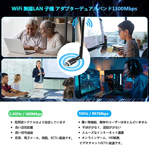 WiFi 無線LAN 子機 Sungale 1300Mbps 無線lanアダプタ USB3.0 WIFIアダプター 5dBi 高速通信 デュアルバンド 2.4Ghz/5Ghz 802.11AC Windows11/10 / 8.1/8/7/ XP/Vista/Mac OS X対応 PC/Desktop/Laptop 最後 画像