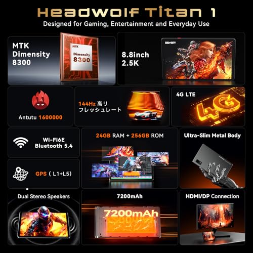 Headwolf Titan 1 Android15 タブレット 8インチ Dimensity 8300、2.5K 144Hz高リフレッシュレート 24GB LPDDR5X+256GB UFS 4.0 2TB拡張、上下デュアルスピーカー、7200mAh USB3.0 HDMI/DP対応、simフリー タブレット WiFi-6E WidevineL1 光センサー GPS 8MP+16MP 最後 画像