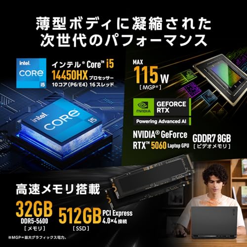 【Amazon.co.jp限定】 ASUS ゲーミングノートPC TUF Gaming F16 FX608JMR 16インチ RTX 5060 インテル Core i5 14450HX メモリ 32GB SSD 512GB リフレッシュレート165Hz イルミネートキーボード Windows 11 重量 2.3kg 動画編集 イェーガーグレー FX608JMR-I5R5060A 中間 画像