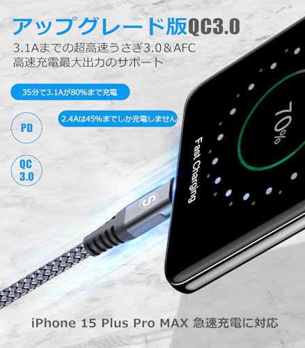 USB Type C ケーブル【1M/2本セット】Sweguard USB-C & USB-A 3.1A USB C ケーブル【QC3.0対応 急速充電】 タイプc 充電 iPhone17 16/iPhone 15 Pro MAX, iPad Pro,Samsung Galaxy S25 /S24/S23/S22/S21/S20,Sony,Xiaomi,Pixel,Type-c機種対応(灰) 最後 画像