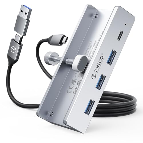 ORICO USB C ハブ クランプ 固定 usb hub 3.0 4ポート 5Gbps高速転送 USB-C 給電ポート付き(5V/3A) バスパワー/セルフパワー両対応 2-IN-1 1mケーブル付き アルミ クリップ式 USB拡張 USB増設 Windows/Linux/Mac OS対応 テレワー 在宅勤務 シルバー MH4PC 1枚目 画像