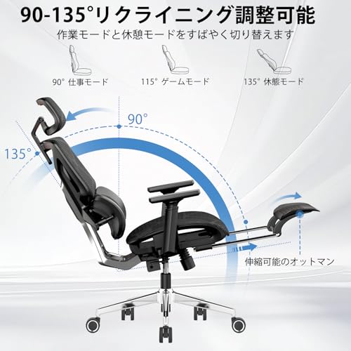 [Goswave] オフィスチェア 人間工学 椅子 疲れない デスクチェア ハイバック 3ゾーンランバーサポート搭載 座面スライド 3Dヘッドレスト 3Dアームレスト 背面3段階調節 リクライニング 通気性 メッシュ ブラック H-WY07 (黒網+黒枠) 中間 画像