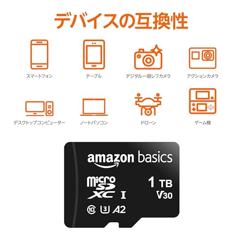 Amazonベーシック microSDXC メモリーカード 1TB フルサイズアダプター付き A2 U3 読み込み速度最大100MB/秒 ブラック 中間 画像