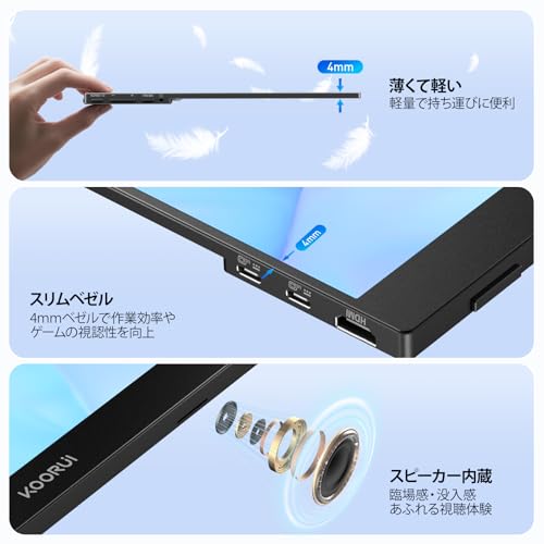 KOORUI モバイルモニター 15.6インチ FHD(1920x1080) Fast IPSパネル スピーカー内蔵 ポータブルディスプレイ 薄型 軽量 持ち運び便利 モバイルディスプレイ USB Type-C/HDMI/Switch/PS4/XBOX/PC/Mac/スマホ対応 カバー付き サブモニター 在宅勤務 リモートワーク 中間 画像