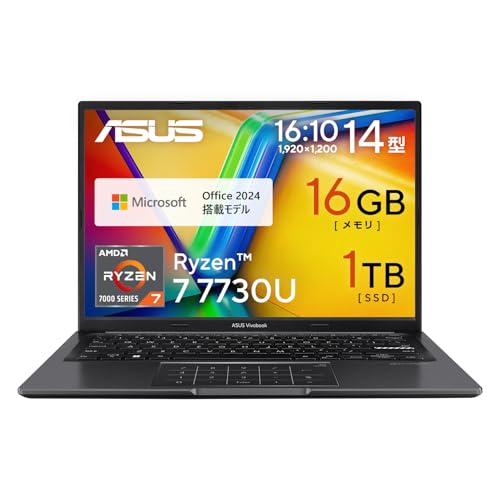 【Amazon.co.jp限定】 ASUS ノートパソコン Vivobook 14 M1405YA 14インチ AMD Ryzen 7 7730U メモリ16GB SSD 1TB MS Office 2024搭載 Windows 11 バッテリー駆動 13.5時間 重量1.6kg Wi-Fi 6E PC Game Pass 3ヶ月利用権付き インディーブラック M1405YA-R7161BLWS 画像1
