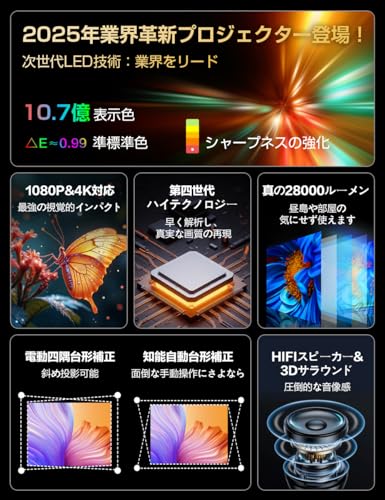 プロジェクター 家庭用 【 28000LM・270°回転・4K対応・最新Android TV搭載】1080P 天井投影 Wi-Fi6 50％ズーム機能 短距離投影 軽量 スマホ/パソコン/PS機/DVD接続可 スタンド一体型 プレゼント 自動台形補正 Bluetooth5.4 ホームプロジェクター 高輝度 日本語取扱説明書 2年保証 最後 画像