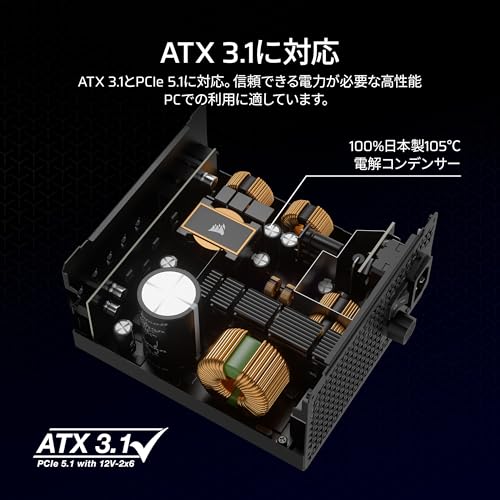 CORSAIR RM850x 2024年モデル PC電源ユニット 850W ATX3.1 PCIe5.1対応 80PLUS Gold認証 フルモジュラー 12VHPWRケーブル付属 CP-9020270-JP 中間 画像