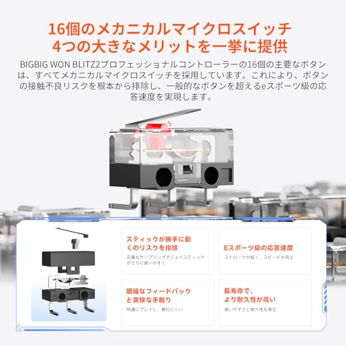 BIGBIG WON BLITZ2 TMR コントローラー 無線/有線接続 TMR ホールジョイスティック 2000Hzポーリングレート 16個のメカニカルスイッチボタン 0.0005秒超低遅延 360°シリコングリップ 1000mAh大容量バッテリー アプリ対応