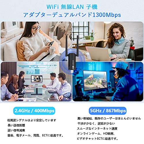 【1300Mbps】WiFi 無線LAN 子機 USB3.0 WIFIアダプター Sungale 高速通信 無線lanアダプタ 5dBi 2.4Ghz/5Ghz デュアルバンド 802.11AC Windows11/10 / 8.1/8/7/ XP/Vista/Mac OS X対応 PC/Desktop/Laptop 最後 画像