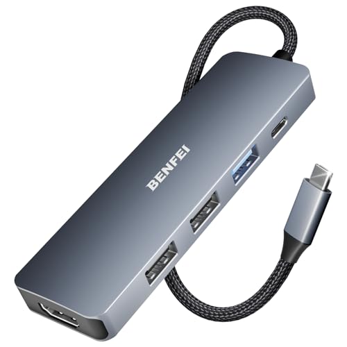 BENFEI USB C ハブ 5in1 4K@30Hz HDMI 1*USB3.2+2*USB2.0ポート 10Gbps超高速データ転送用 Type-C 100W PD急速充電 シリコンおよび織物デザインケーブル アルミニウムケース MacBook Pro/Air、iPad Pro、iMac、iPhone 15 Pro/Pro Max、XPS、Thinkpad に対応 1枚目 画像