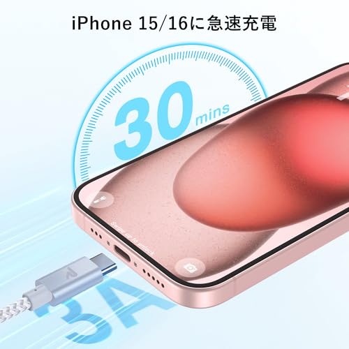 【2本セット】RAMPOW USB C ケーブル【1m+1m/シルバー PD対応 60W急速充電】データ転送 断線防止 高耐久ナイロン iPhone17/Air/16/16e/15 充電 MacbookPro/iPad Pro&Air/Galaxy/SonyなどType C機種対応 中間 画像
