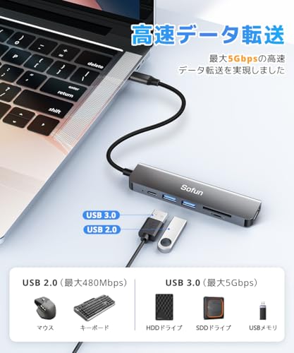 usb ハブ type-c 3.0 【6in1・5Gbps高速転送】 usbハブ HDMI 4K出力 タイプc 6ポート SD TFカード データ転送 PD 100W急速充電 usb c ハブ 軽量 コンパクト ノートPC OS Windows Linux PS4 PS5対応 テレワーク 在宅勤務 中間 画像
