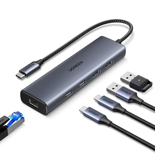 UGREEN USB C 有線LANアダプター 6-in-1 LAN ハブ LANポート付き USB-C to RJ45 ギガビットイーサネット 10Gbps 超高速転送 Type C*2+USB A*2 拡張 Surface/XPS/Mac OS/Windows/Linux などに対応 LAN ネットワークアダプター 1枚目 画像