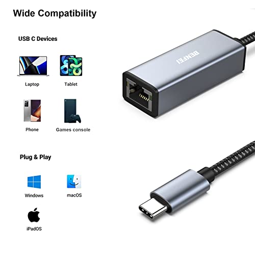 BENFEI 有線LANアダプタ USB-C - イーサネットアダプター、USB Type-C (Thunderbolt 3/4) - 10/100/1000Mbps 高速 RJ45 ギガビットイーサネット LAN ネットワークアダプター iPhone 15 Pro/Max, MacBook Pro/Air 2023, iPad Pro, iMac, S23, XPS 17 などに対応 中間 画像