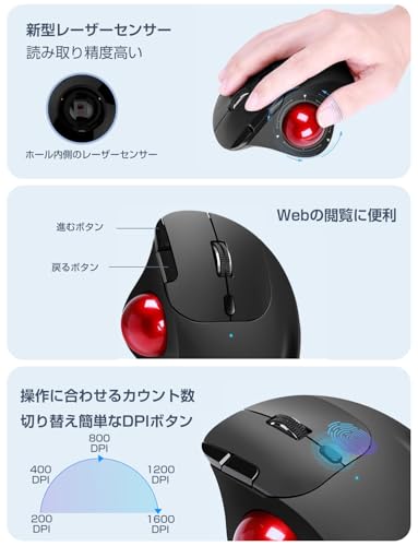 Ewin トラックボールマウス Bluetooth&2.4GHz両対応 3台同時接続 トラックボール 【NEWモデル】 ワイヤレス 親指 静音タイプ 高精度 エルゴノミクス 瞬時接続 無線マウス 7ボタン 進む/戻るボタン Windows/Mac/iOS/Android多機種対応（レッド） 中間 画像