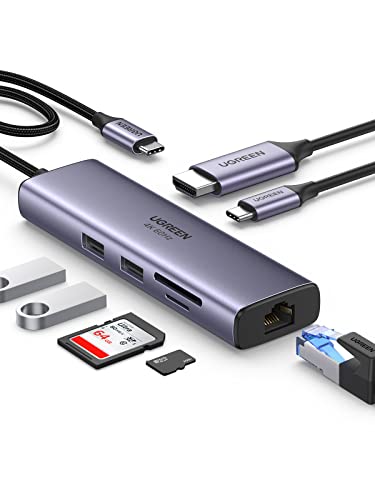 UGREEN Revodok 107 USB Cハブ 7-IN-1 USB3.0ハブ 4K@60Hz HDMI出力 100W PD急速充電 Type-Cアダプター 2*USB 3.0ポート 4K HDMI 100W Power Delivery ギガビットイーサネット LAN ポート SD/MicroSDカードリーダー Surface Dell MacBook Air M1 M2対応 1枚目 画像