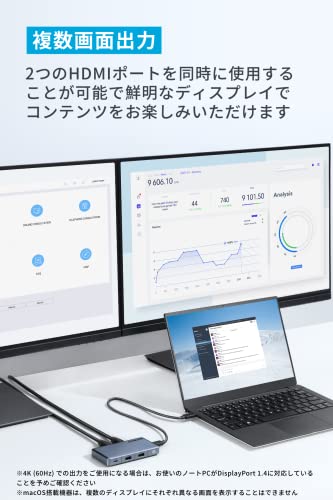 Anker 364 USB-C ハブ (10-in-1, Dual 4K HDMI) 100W USB PD対応 4K HDMIポート 2画面出力 着脱式ケーブル 50cm SDカードスロット イーサネットポート 5Gbps 高速データ転送 USB-C USB-Aポート搭載 中間 画像