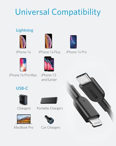 Anker PowerLine II USB-C & ライトニングケーブル MFi認証 USB PD対応 急速充電 iPhone 14 / 14 Plus / 14 Pro / 14 Pro Max / 13 / SE (第3世代) 各種対応 (1.8m ブラック) 中間 画像