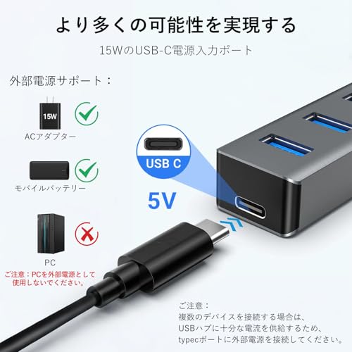 atolla USBハブ USB3.0 HUB 7ポート 100cmケーブル USB3.0ハブ USB 拡張 ウルトラスリム 5Gbps超高速転送 アルミニウム合金 軽量 追加5V/3A電力供給ポートWindows/Linux/Mac OS/Android/Chrome OS/PS4/MacBook等OSとPC対応 在宅勤務 中間 画像