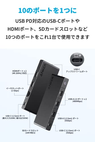 Anker 364 USB-C ハブ (10-in-1, Dual 4K HDMI) 100W USB PD対応 4K HDMIポート 2画面出力 着脱式ケーブル 50cm SDカードスロット イーサネットポート 5Gbps 高速データ転送 USB-C USB-Aポート搭載 最後 画像