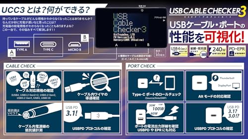 BitTradeOne USB4対応 USB Cable Checker3 EPS対応等も確認可能 ポートのチェックも可能 単四乾電池x2動作（別売） 約 70 × 40 × 22 mm ADUSBCIM3 最後 画像