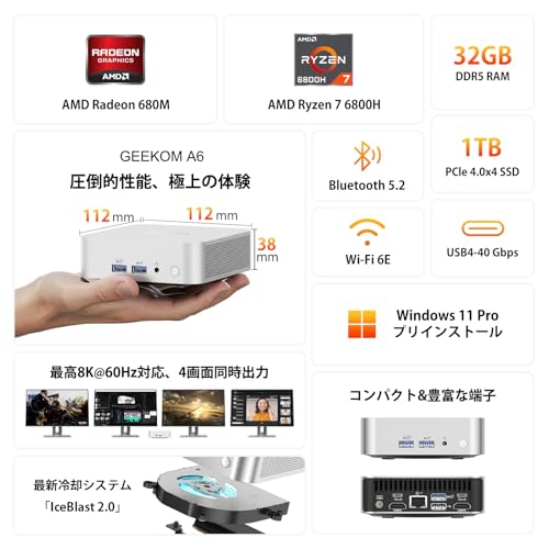 【欧州受賞・年間ベストパソコン】GEEKOM A6 ミニpc、AMD Ryzen 7 6800H搭載 128GB RAM+6TB SSD(拡張可能) 3年保証 高性能 Mini PC 4画面出力 8K@60Hz対応|USB4:外付けGPUが可能|SDカードスロット|Win 11 Pro|WiFi 6E・BT 5.2・2.5G LAN|オフィス/在宅勤務/動画編集/ゲーミングに最適 最後 画像