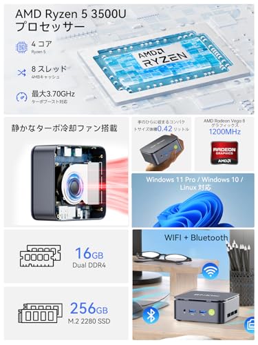 GMKtec ミニPC 【G10 ブラック 初登場 Ryzen 5 3500U搭載・N150より速い】 64GB DDR4+16TB SSD拡張対応|動作より安定 最大3.7GHz|4K×3画面出力・2.5GLAN HDMI 2.1/DP/Type-C・Win11 Pro Mini PC USB3.2×3 企業・学習向け・プロ用 超小型 高性能 GMKtec G10 16GB+256GB日本語版 最後 画像