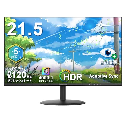 Minifire モニター 21.5インチ pcモニター 120Hz フルhd 非光沢 液晶ディスプレイ Adaptive Sync VESA対応 フレームレス HDMI*2 ブルーライト軽減 チルト調節可 ビジネス用 五年保証(HDMIケーブル付-MF22X3AH） 画像1