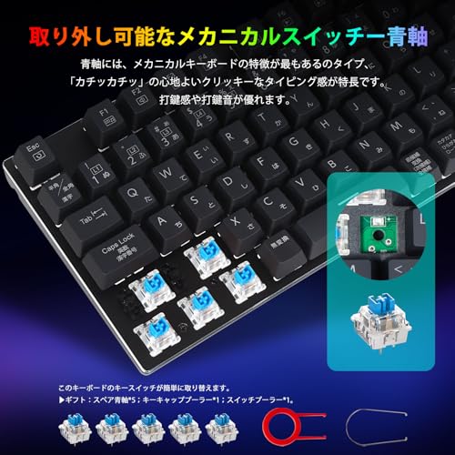 【日本語配列】e元素メカニカル式ゲーミングキーボード 赤軸・青軸を採用 フルサイズ109キー Type-C USB有線接続 全キー防衝突 RGB発光LEDバックライト付き Windows/Mac OS対応 オフィス/ゲーム用JP配列キーボード (青軸・ブラック) 中間 画像