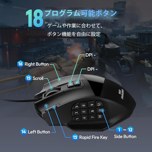 RED SAMURAI ゲーミングマウス 有線 マウス 16400dpi 1000Hz 18個 プログラムボタン サイドボタン ウエイト調整 安定のグリップ バックライト カスタマイズ プログラム MMO/FPS/MOBA ゲームマウス (ブラック) 中間 画像